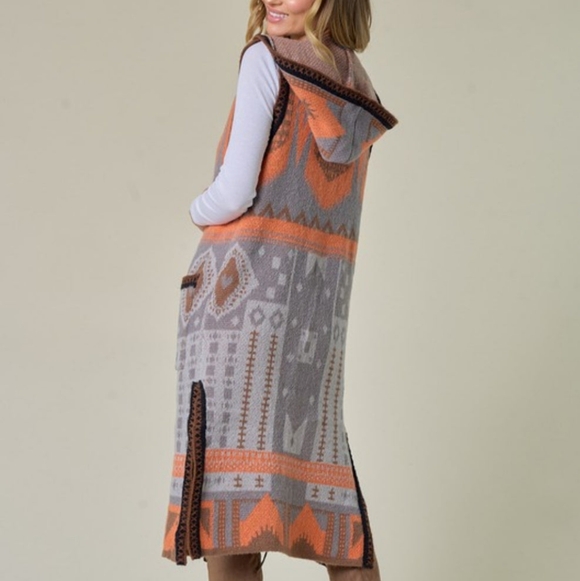 Women's Patterned Long Vest in Orange and Gray - Picture 2 of 10
